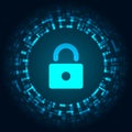 Cyber security illustration, blue light lock icon in data digital circle on dark background. Royalty Free Stock Photo