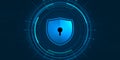 Cyber security illustration, blue shield and circle futuristic interface on dark background. Royalty Free Stock Photo