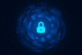 Cyber security illustration, lock icon on abstract digital circle, light graphic on blue dark background. Royalty Free Stock Photo