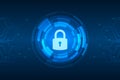 Cyber security illustration, lock icon on abstract digital circle, light graphic on blue dark background. Royalty Free Stock Photo