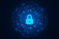 Cyber security illustration, lock icon on abstract digital circle, light graphic on blue dark background. Royalty Free Stock Photo