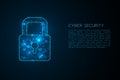 Cyber security illustration, lock symbol scatter blue light pixel with sample text on dark background presentation.