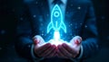 Futuristic Digital Hands with Glowing Hologram Rocket Launch for Startup and Innovation Concepts Royalty Free Stock Photo