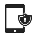 Cyber security and information or network protection smartphone shield access silhouette style icon