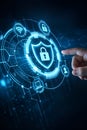 Cyber Security Interface with Digital Shield Lock and Human Hand Interaction Royalty Free Stock Photo