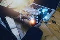 Cyber Security Internet And Networking Concept. Businessman Hand Working With laptop computer and Padlock Icon on screen. Digital Royalty Free Stock Photo