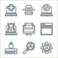 cyber security line icons. linear set. quality vector line set such as social engineering, radiation, password, web, scraping, bug