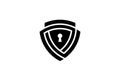 Cyber Security Minimal Symbol Design. Vector Logo Template. A database shield protection safe guard in a maze form with a key padl