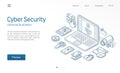 Cyber security modern isometric line illustration. Abstract 3d vector background. Online data protect service, access