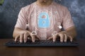 Cyber security network concept. Hand using smartphone with master key connect world networking virtual graphic and binary coded Royalty Free Stock Photo