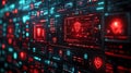 Cyber security network firewall data protection system with shield icons and digital technology interface