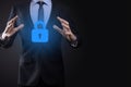 Cyber security network. Padlock icon and internet technology networking. Businessman protecting data personal information on Royalty Free Stock Photo