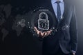Cyber security network. Padlock icon and internet technology networking. Businessman protecting data personal information on Royalty Free Stock Photo