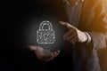 Cyber security network. Padlock icon and internet technology networking. Businessman protecting data personal information on Royalty Free Stock Photo