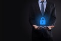 Cyber security network. Padlock icon and internet technology networking. Businessman protecting data personal information on Royalty Free Stock Photo