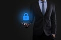Cyber security network. Padlock icon and internet technology networking. Businessman protecting data personal information on Royalty Free Stock Photo
