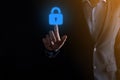 Cyber security network. Padlock icon and internet technology networking. Businessman protecting data personal information on Royalty Free Stock Photo