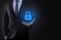 Cyber security network. Padlock icon and internet technology networking. Businessman protecting data personal information on Royalty Free Stock Photo