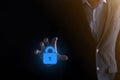 Cyber security network. Padlock icon and internet technology networking. Businessman protecting data personal information on Royalty Free Stock Photo