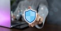 Cyber security and network protection concept, Businessman holding shield protect icon. cybersecurity concept Global network Royalty Free Stock Photo