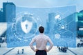 Cyber security and network protection. Cybersecurity expert working with secure access on internet. Concept with icons on screen