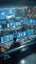 Cyber Security Operations Center With Multiple Screens Showing Data And Analysts Working Royalty Free Stock Photo