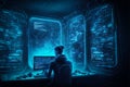 Cyber security operator or hacker works with data in dark room, generative AI
