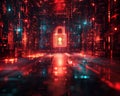 Cyber security padlock digital abstract red glow technology safety data protection network security futuristic concept
