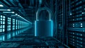 Cyber Security Padlock in a Server Room with Blue Lighting Royalty Free Stock Photo