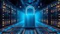 Cyber Security: Padlock Symbolizing Data Protection in a Server Room Environment Royalty Free Stock Photo