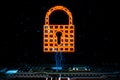 Cyber security and privacy concept with digital orange padlock with keyhole inside connected to circuit inside on abstract dark