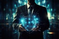 Cyber security safe data protection business technology privacy concept. Businessman holding shield protect security Royalty Free Stock Photo