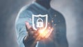 Cyber security safe data protection business technology privacy concept. Businessman holding shield protect security icon security Royalty Free Stock Photo