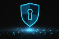 Cyber security and safety data concept with digital shield with keyhole inside on abstract dark background above big data