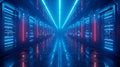 Cyber security servers glowing blue, data light box, wide text area, background spotless