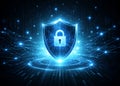 Cyber Security Shield with Digital Lock and Glowing Data Network Background Royalty Free Stock Photo