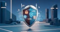 Cyber security shield with fingerprint, padlock, server, and financial data analysis Royalty Free Stock Photo