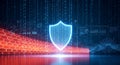 Cyber security shield icon with brick firewall and binary code background representing digital protection data privacy and network Royalty Free Stock Photo