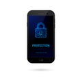 Cyber security system concept. Mobile phone with padlock on screen. Vector