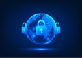 Cyber security technology and data privacy A world surrounded by locks Shows a system to prevent theft and cyber attacks and