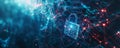 Cyber security theme with a digital padlock, interconnected lines, and matrix code on a dark blue Royalty Free Stock Photo