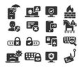 Cyber Security and threat icons set in BW