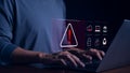 Cyber security warning alert system concept. Businessman working on laptop. Computer network hack, crime and virus, Malicious Royalty Free Stock Photo