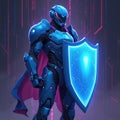 Cyber security warrior in advanced blue armor holds glowing shield. Knight stands guard in digital matrix background with binary Royalty Free Stock Photo