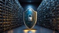 cyber shield padlock to protect cybersecurity vulnerability - malware concept in a server room