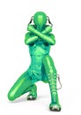Cyber soldier female crouching with arms in x
