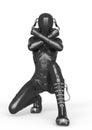 Cyber soldier female crouching with arms in x