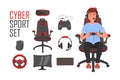 Cyber Sport set. eSports gaming icons with young gamer sitting in chair and playing video game.