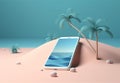 cyber holiday creative sea mock sand concept phone summer up palm. Generative AI.