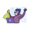 Cyber Swindler Man in Mask at Laptop with Sack Hacking Internet Steal Money Vector Illustration